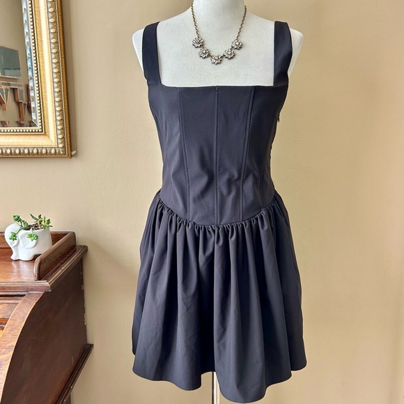 Zara Ruched Corset Dress Black Square Neck V-Waist Size L - Picture 4 of 15